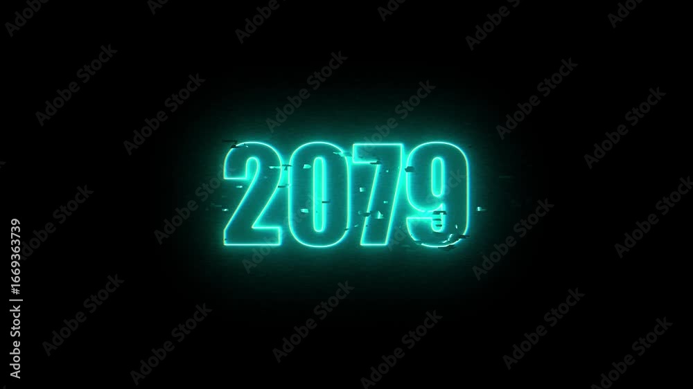 2079 Neon Sign, Vibrant Blue Glow Against Dark Jahreswechsel, Schrift mit Neonschein 4k video Background animation