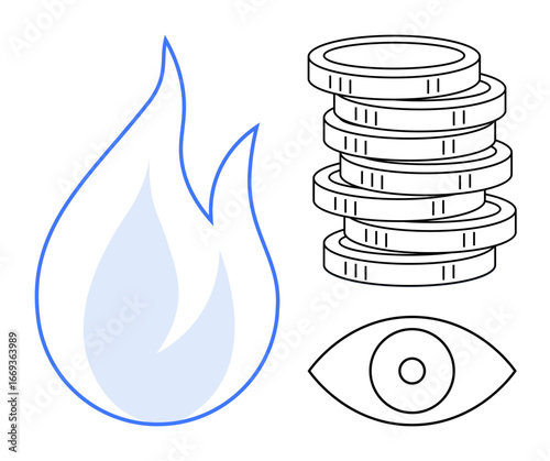 Flame, circular eye, and coin stack outlined in minimal lines. Ideal for energy, economy, resources, vision, sustainability finance efficiency. Simple flat metaphor