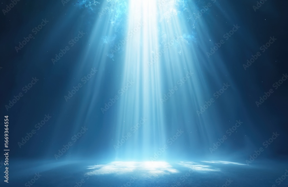 Fototapeta premium Bright blue light rays beam down into dark blue space. Glowing energy burst with light flares, star effects creates divine atmosphere. Clean cosmic illustration for backgrounds, sci-fi themes party
