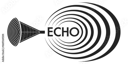 Minimalist black echo logo with a sound horn emitting expanding concentric circular waves.