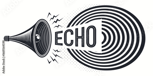 Vintage-style black megaphone illustration with the word ECHO and concentric sound waves.