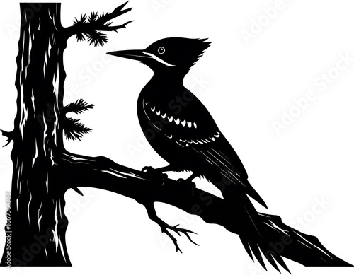 Silhouette of a woodpecker on a tree branch