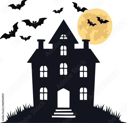 Haunted house silhouette with bats and full moon