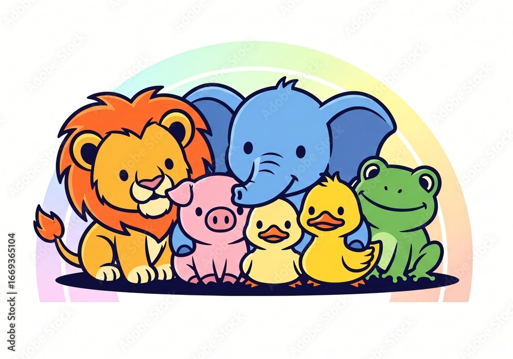 Fototapeta premium Adorable Cartoon Animals Lion Elephant Pig Ducks Frog Rainbow Background Illustration