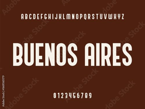 Buenos Aires Typography Design with White Uppercase Letters, Alphabet, and Numbers 0-9 on Solid Dark Brown Background, Modern Educational Text Graphic.