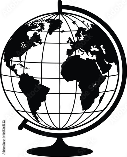 Black globe with continents and meridians world earth