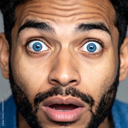 Close-up of a man's surprised face, wide eyes and open mouth