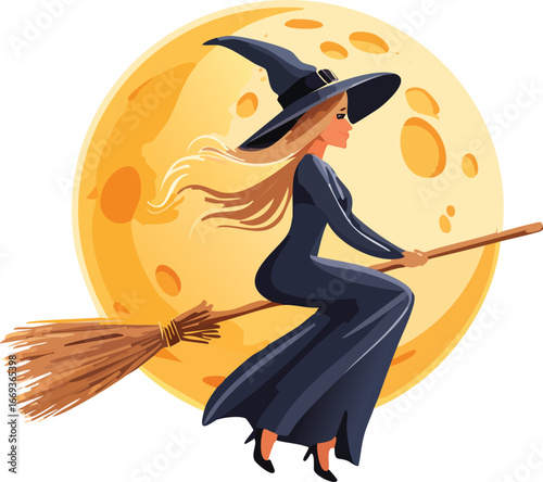 Witch flying on broomstick across glowing moon
