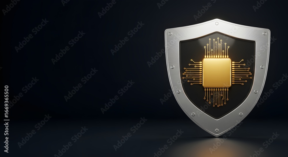 Fototapeta premium Illustration of a shield with a computer chip representing cybersecurity.