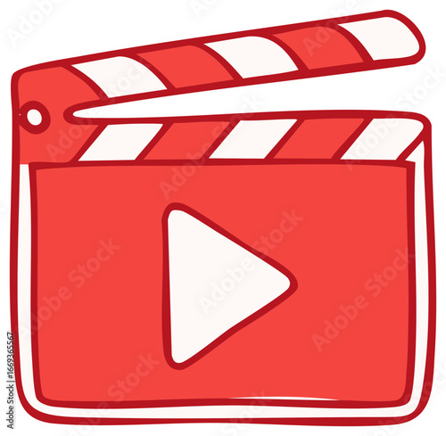 Red and white cartoon clapperboard with play button icon, representing film production and video content