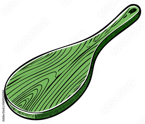 Vibrant green wooden Japanese rice paddle or shamoji spoon in a bold illustrated style