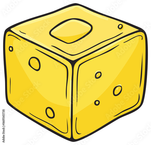 Cartoon illustration of a swiss cheese cube shaped like a gaming die