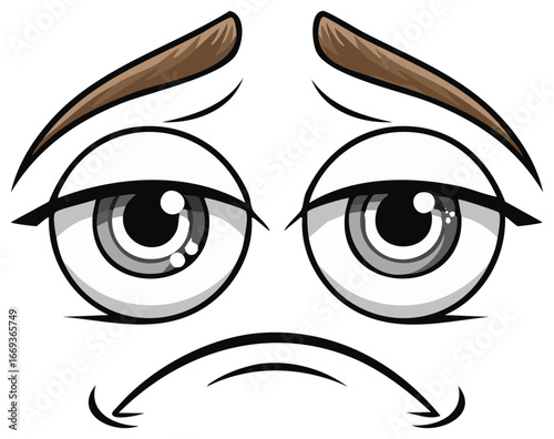 Expressive cartoon face with a sad, dejected expression. Downcast eyes and a frowning mouth vector illustration.