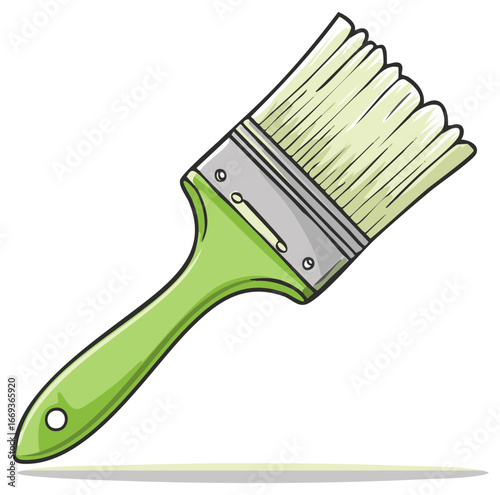 Green and white illustration of a paint brush with a long handle and bristles