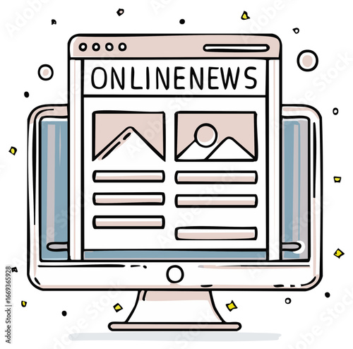 Online news illustration with computer monitor and news articles