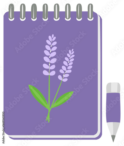 Purple Spiral Notebook with Lavender Drawing and Pencil with Eraser