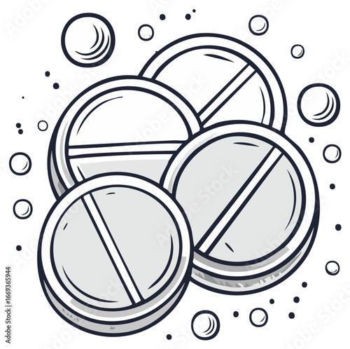 Black and white line art illustration of medical pills and tablets for healthcare concepts