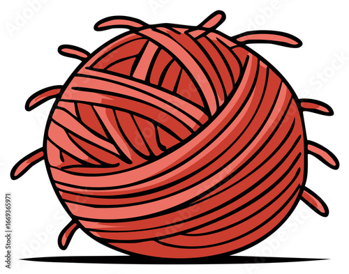 Cartoon Style Red Yarn Ball with Visible Strands and Loose Ends for Crafts and Fiber Art