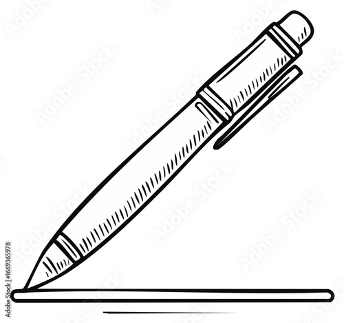 Hand drawn sketch of a ballpoint pen writing a line on a white background