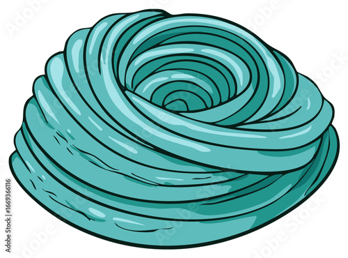 Illustration of rolled turquoise rope arranged in a circle with a hole in the center. Soft turquoise line in a swirl