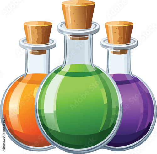 Potion bottles with glowing green, purple, and orange liquids