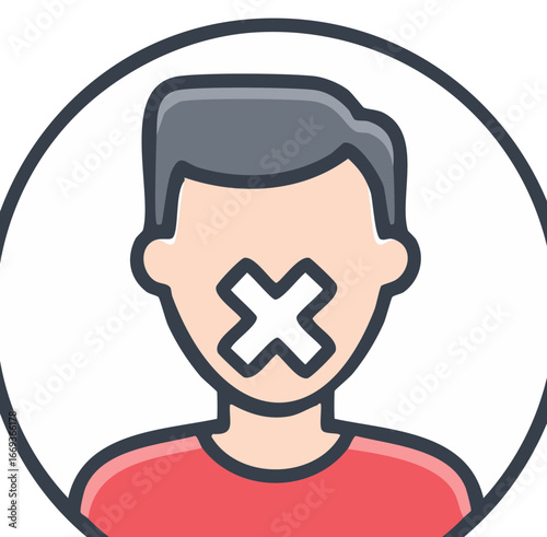 Person with mouth covered by a white X symbolizing silence or censorship icon