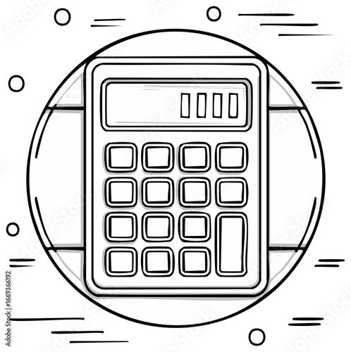 Simple calculator outline inside a circle with graphic elements