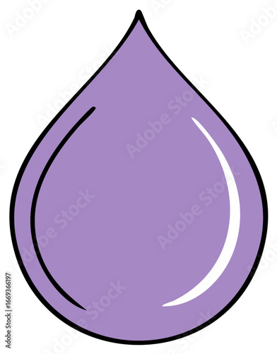 Shiny purple liquid drop cartoon illustration. Simple lavender water or rain droplet icon with gloss highlights.