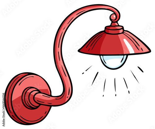Antique Red Wall Sconce Cartoon Illustration Glowing with Light, Decorative Fixture