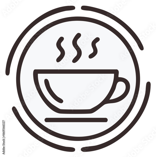 Modern line art icon of a steaming coffee cup and saucer, hot beverage symbol for cafe or menu