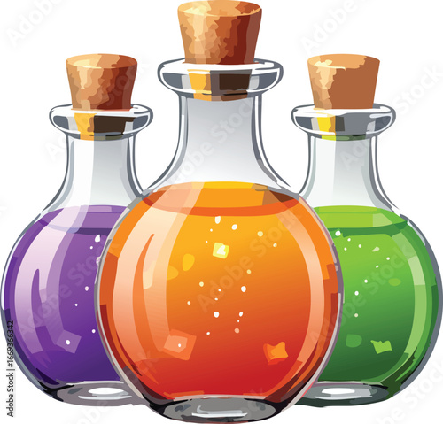 Potion bottles with glowing green, purple, and orange liquids