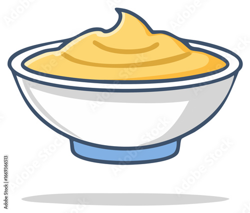 Bowl of creamy yellow dip or sauce with blue rim and base
