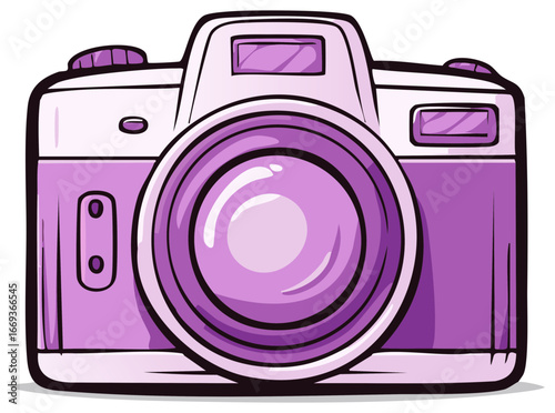 Retro style cartoon illustration of a photographic camera with shades of purple and white for photography and memories