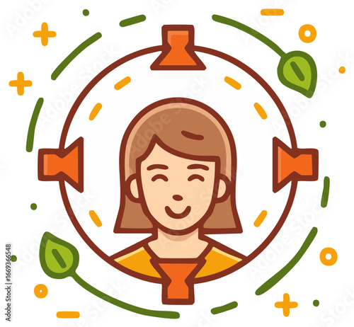Happy person profile centered within a target audience circle with decorative elements