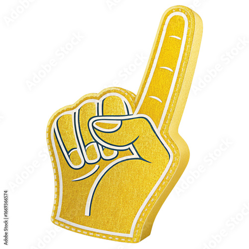 Cheering golden foam finger symbolizes sports team spirit and enthusiastic support during exciting game events and victory celebrations