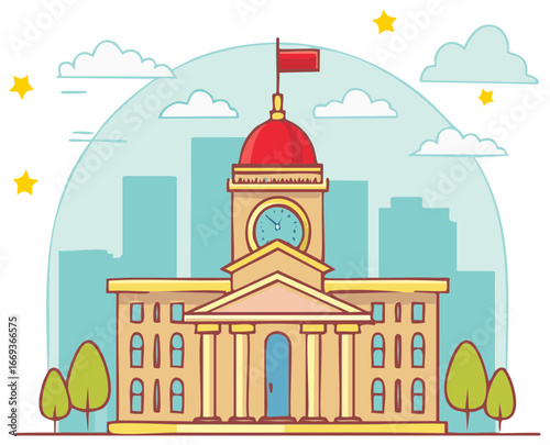 Classic governmental building with a prominent clock tower and flag against a stylized city skyline and sky
