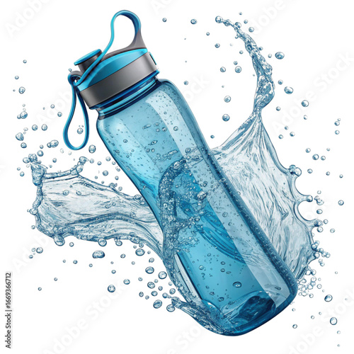 Stay hydrated with a vibrant blue water bottle surrounded by refreshing splashes, promoting wellness and active lifestyles today