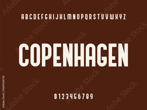 Copenhagen wordmark with English alphabet and numbers on a solid brown background, modern typography text design.
