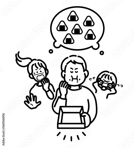 家族の分の食事を食い尽くす夫のイラスト　線画のみ