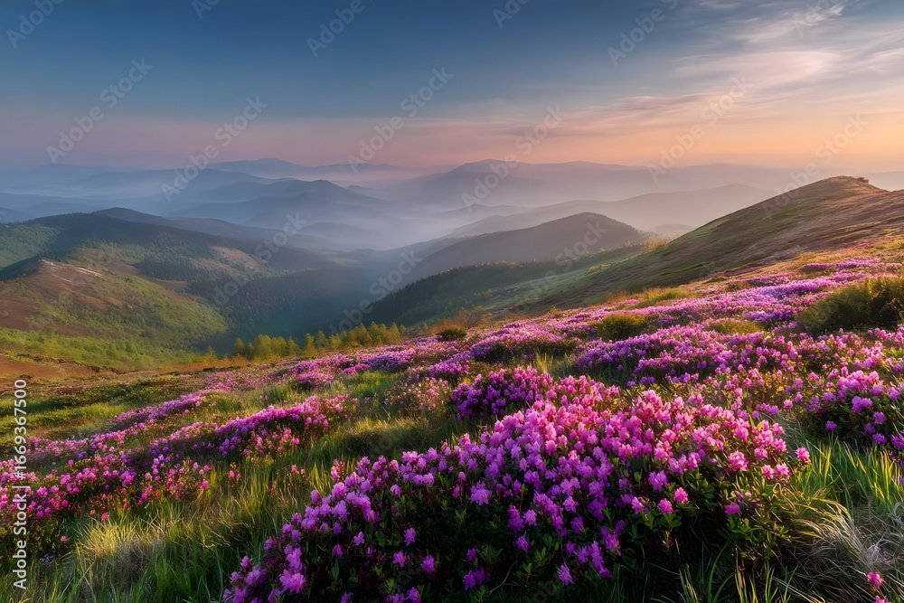 Fototapeta premium Vibrant purple flowers bloom on a mountain slope during sunrise.