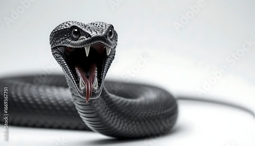 A dramatic and highly detailed close-up image of a black mamba snake with its mouth wide open, set against a white background