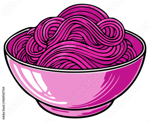 Pink spaghetti in a pink bowl, a stylized illustration of a popular pasta dish.