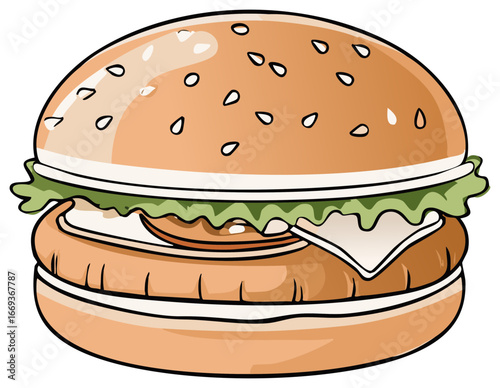Delicious cartoon hamburger with sesame seed bun, lettuce, cheese and patty.