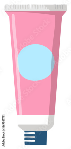 Pink cosmetic tube with blue circular label for skincare cream or lotion