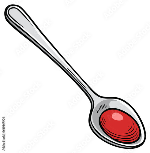 Cartoon Illustration of a Spoon with Red Liquid, Isolated on White