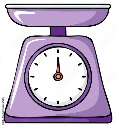 Cartoon illustration of a purple kitchen scale measuring something