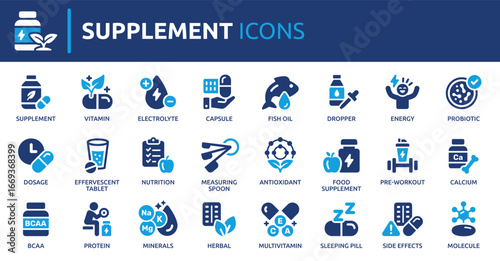 Supplement icon set. Containing vitamin, protein, capsule, minerals, fish oil, calcium, herbal, probiotic, electrolyte, dropper, antioxidant and more. Solid vector icons collection.