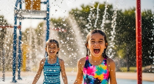Fototapeta Naklejka Na Ścianę i Meble -  Excited girl shouting with joy at a splash pad