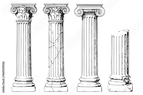 Four ancient columns of different styles isolated on white background