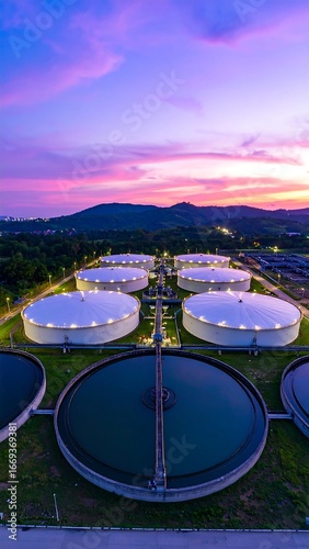 Aerial View of Water Treatment Plant at Sunset